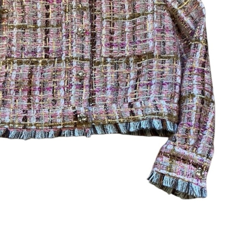 Adrienne Landau ONYX Crystal Tweed Jacket Blazer Pink Gold Sequin Fringe Medium - Picture 9 of 16